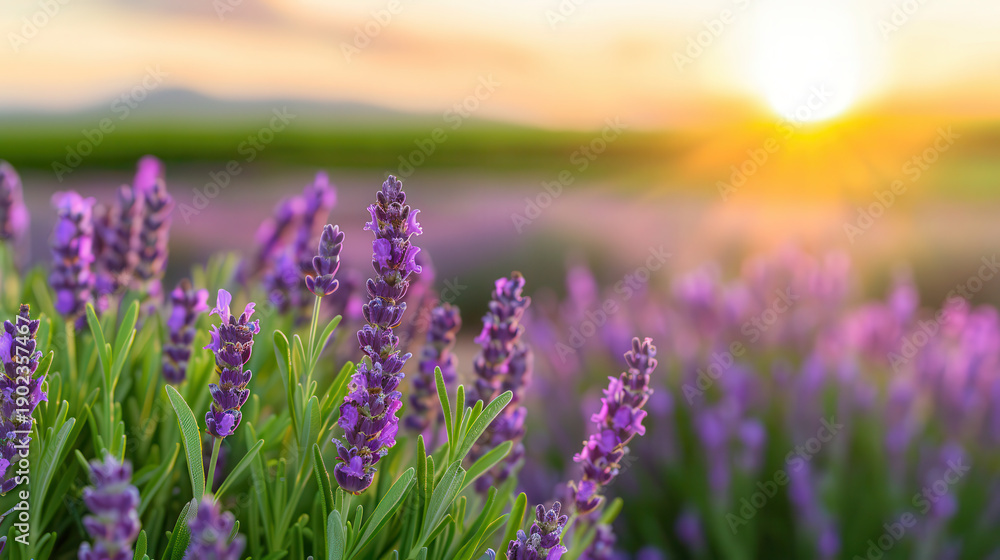 Fototapeta premium A field of purple lavender flowers with the sun shining on them