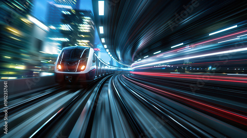 A train is speeding through a tunnel with a city in the background