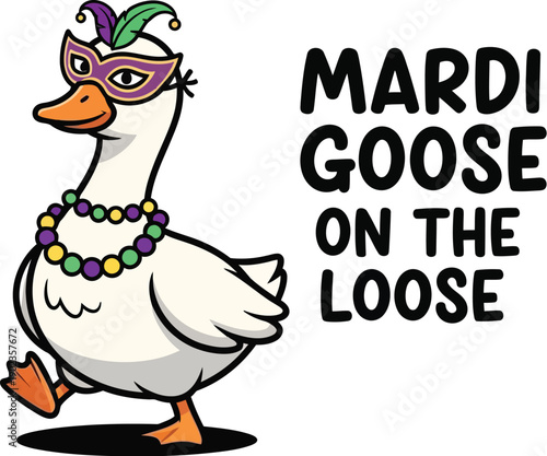 Mardi Gras Goose with Mask and Beads, Festive Celebration