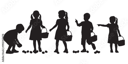 Easter egg hunt silhouette vector featuring a boy and girl collecting eggs. Cute kids with baskets illustration suitable for spring holiday celebration, greeting cards and seasonal design.pro