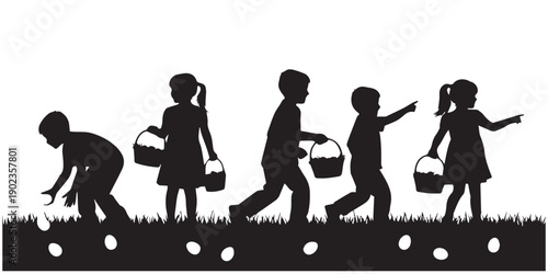 Easter egg hunt silhouette vector featuring a boy and girl collecting eggs. Cute kids with baskets illustration suitable for spring holiday celebration, greeting cards and seasonal design.pro