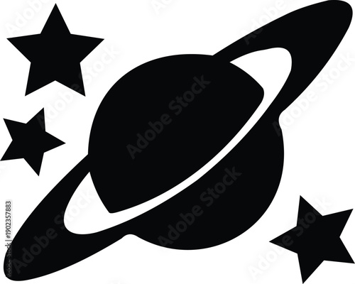 Black planet icon with ring and stars
