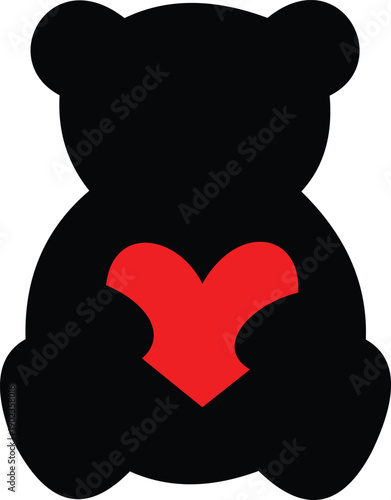 Vector illustration of a romantic teddy and panda bear couple silhouette with a red heart symbol for a Valentine's Day love concept design