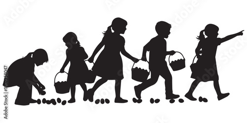 Easter egg hunt silhouette vector featuring a boy and girl collecting eggs. Cute kids with baskets illustration suitable for spring holiday celebration, greeting cards and seasonal design.pro