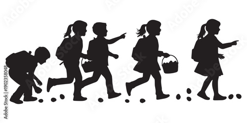 Easter egg hunt silhouette vector featuring a boy and girl collecting eggs. Cute kids with baskets illustration suitable for spring holiday celebration, greeting cards and seasonal design.pro