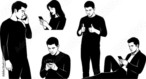 Black silhouette set of people using smartphones, isolated on white background