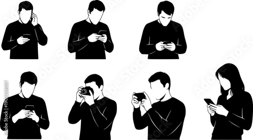 Black silhouette set of people using smartphones, isolated on white background