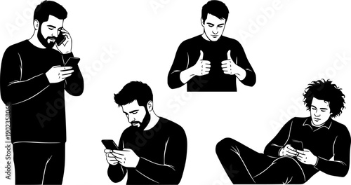 Black silhouette set of people using smartphones, isolated on white background
