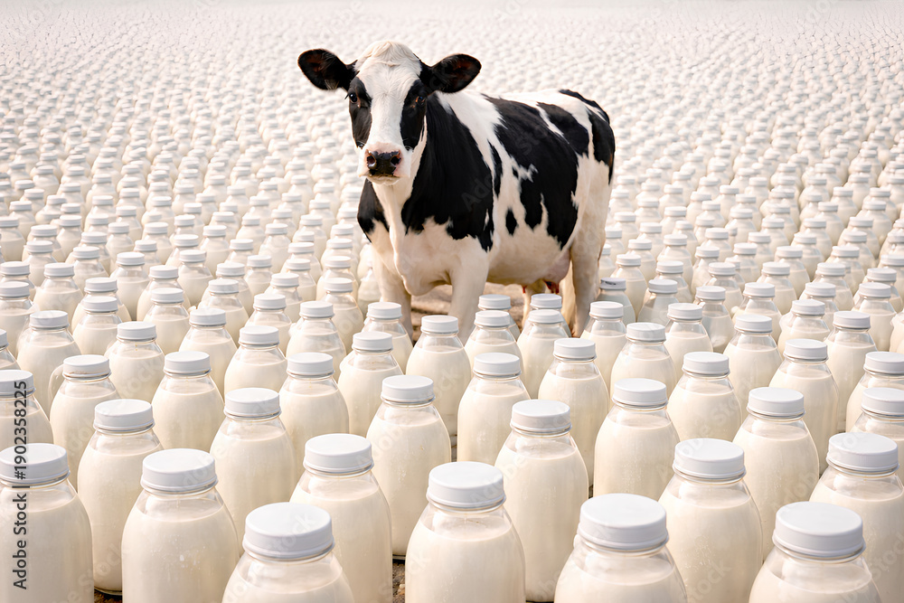Obraz premium Holstein Cow Standing Among Endless Milk Bottles Representing Dairy Production