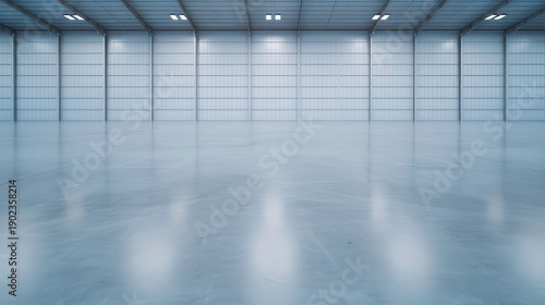 A large, empty warehouse with a white ceiling and walls