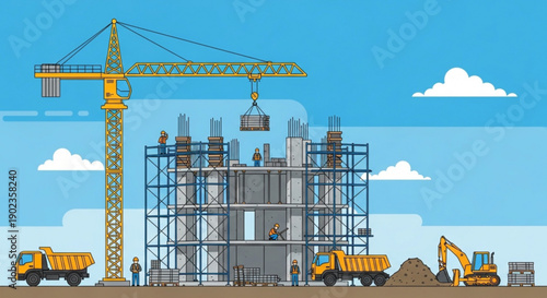 Construction site with crane excavators and trucks building a modern structure representing development and industry flat vector illustration