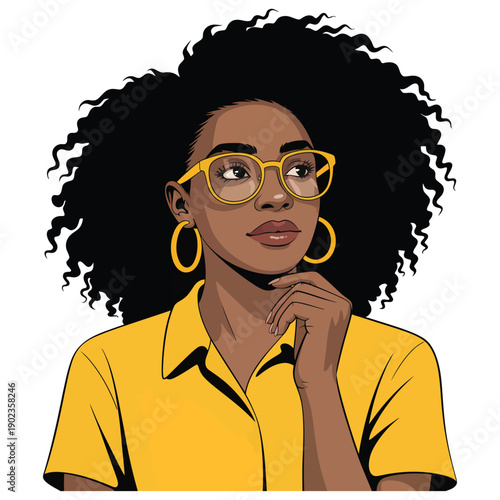 A digital illustration depicts a young black woman with voluminous curly hair golden glasses and a thoughtful expression high-quality professional.