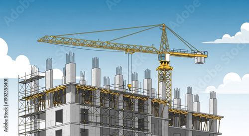 Building's Foundation: A construction site showcasing the early stages of a high-rise building's construction, featuring a towering crane reaching towards the sky.
