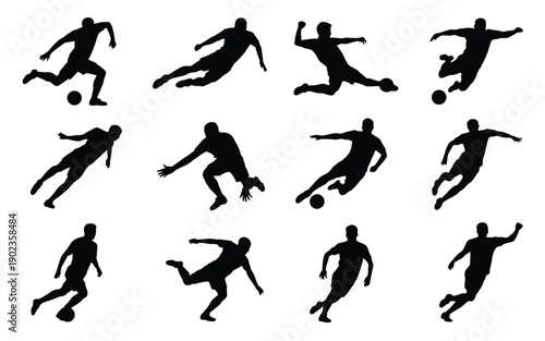 Collection of black silhouettes of soccer players in various dynamic poses kicking and playing football on white background action packed sports illustrations