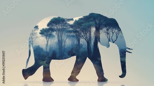 Elephant silhouette with forest landscape and misty background  