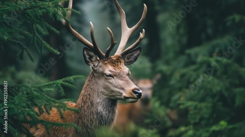 Male deer standing among green trees in a forest setting  