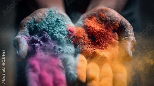 Hands holding colorful powdered pigments with vibrant hues  
