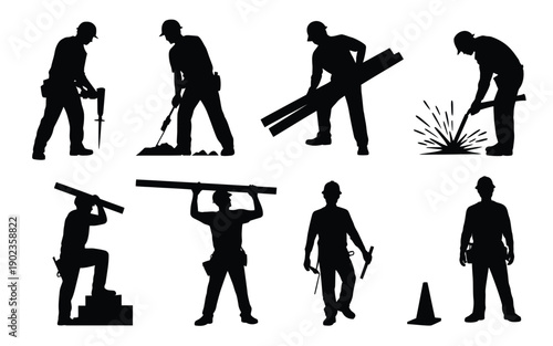 Construction workers in various poses silhouettes of laborers working with tools and materials on a site