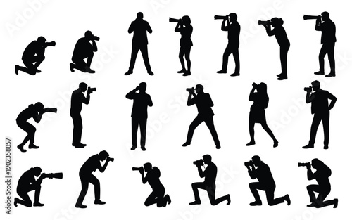 Photographers in various poses and positions silhouetted against a white background taking pictures with cameras
