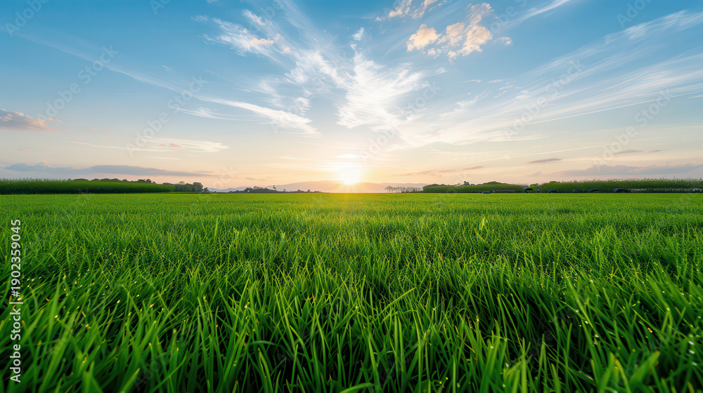 Obraz premium A field of green grass with a bright blue sky in the background