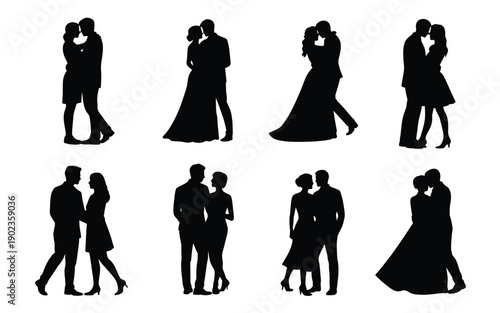 Silhouettes of romantic couples dancing and kissing in various poses on white background