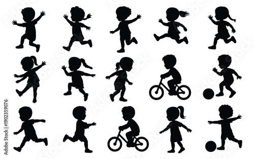 Collection of children playing sports and riding bicycles in black silhouette on white background
