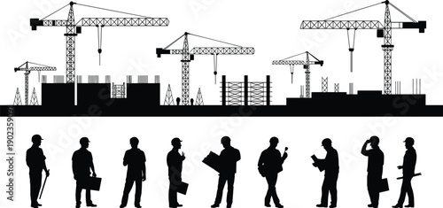 WebVector Silhouette Set of Construction Workers Engineers and Architects with Tower Cranes on Building Site Background for Industrial Project Development and Civil Engineering Desig
