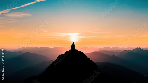 A person is sitting on a mountain top at sunset
