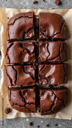 Rich chocolate brownies cut into squares, showcasing glossy top and fudgy texture. Perfect for dessert lovers and gatherings
