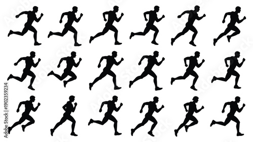 Multiple black silhouettes of men running in various poses on white background for fitness and sports concepts