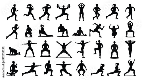 Collection of black silhouette icons depicting various fitness and exercise poses on white background