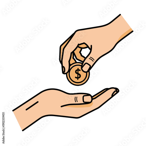 Hand giving coin with dollar sign to another palm, money transfer, donation, investment concept