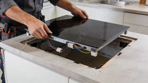 Kitchen technician installing electric cooktop in countertop, close view of hands and wiring, home appliance repair and renovation service, practical maintenance mood