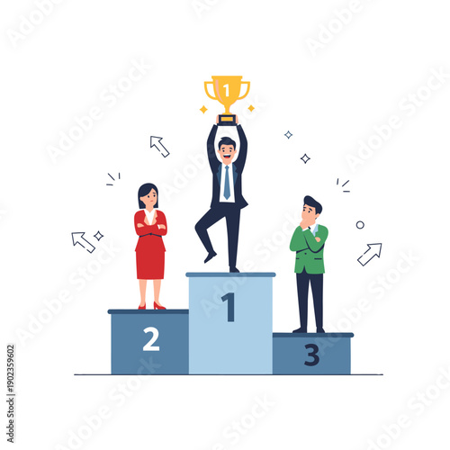 Winner holding trophy on podium, celebrating success with competitors below