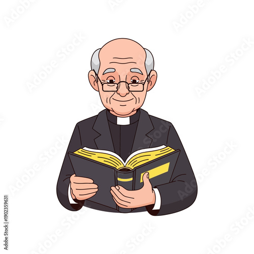 Elderly Priest Reading a Holy Book, Cartoon Illustration