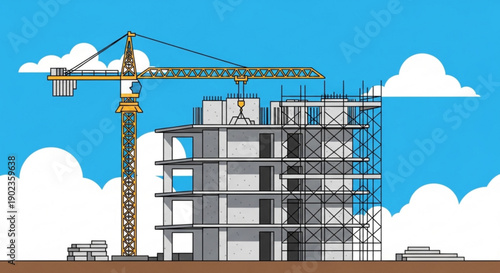 Construction site with crane and building under development flat vector illustration for real estate or urban planning concepts
