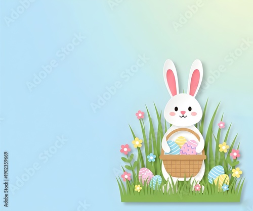 Cute Paper Cut Easter Bunny Holding Basket of Eggs on Blue Soft Background