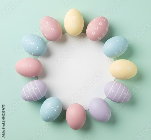 A creative top-down view of colorful pastel Easter eggs arranged in a perfect circular frame. The composition features a clean white round copy space in the center, soft mint green background