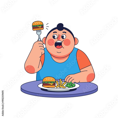 Overweight Person Eating Burger and Fries, Junk Food Feast, Unhealthy Diet