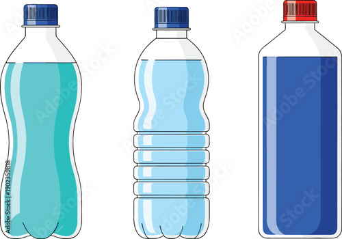 Vector illustration set of plastic water bottles with blue and red caps, featuring different bottle shapes and liquid levels isolated on a white background