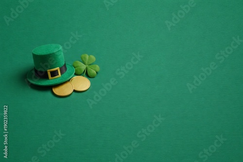 St patricks day hat and clover with gold coins on green background