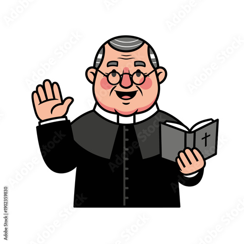 Happy Cartoon Priest Waving Hand and Holding Bible Book