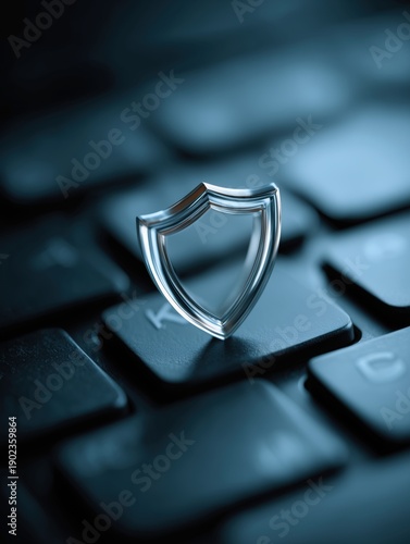 Silver shield symbol placed on a black keyboard key, representing security and protection in digital technology and online safety concepts