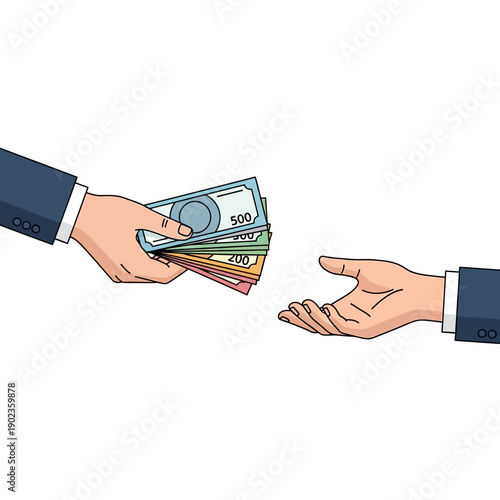 Hand giving money to another hand, concept of payment, transaction or donation