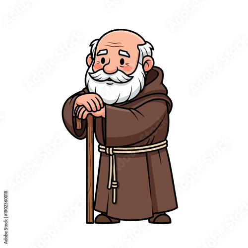 Cartoon Monk Character with Cane, Elderly Friar in Brown Robe