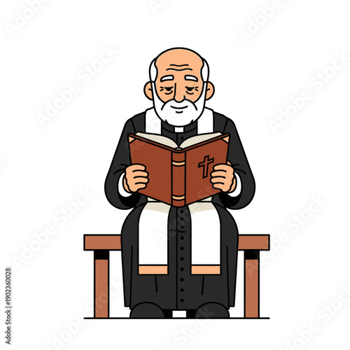 Cartoon Priest Reading Holy Bible on Wooden Bench