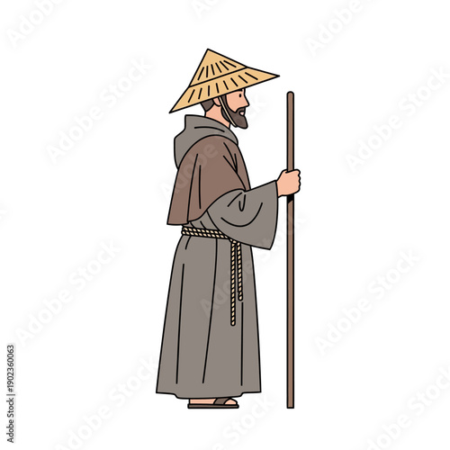Monk with Conical Hat and Staff, Medieval Traveler, Religious Pilgrim