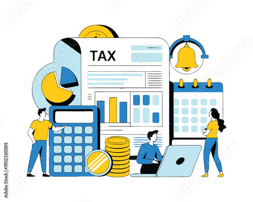 Concept tax payment. Data analysis, paperwork, financial research report and calculation of tax return. Payment of debt. Government, state taxes. Vector illustration in flat style with characters.