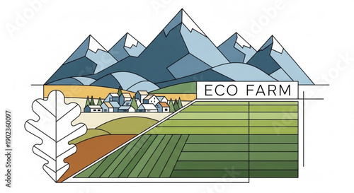 Eco-Farm Scenic: An illustration showcasing an eco-farm nestled amidst rolling hills and majestic mountains, highlighting sustainable agriculture practices and environmental harmony.