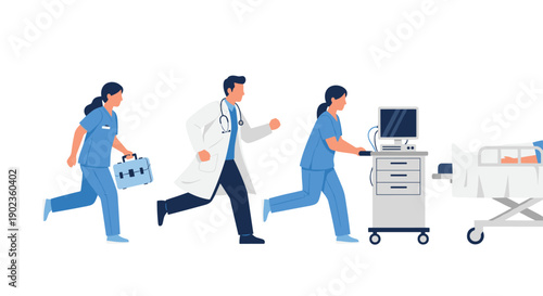 Medical Team Running with Equipment and Hospital Bed to Emergency Situation